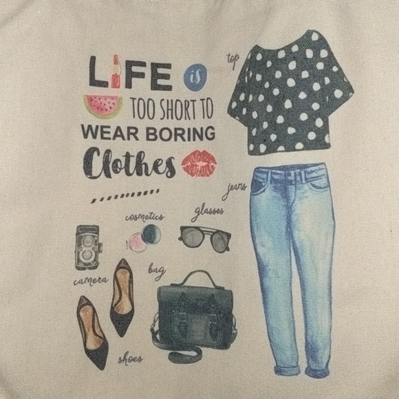 🎀 Cute Canvas Drawstring Tote Bag "Life is too short to wear boring clothes" 🎀 - Picture 2 of 5